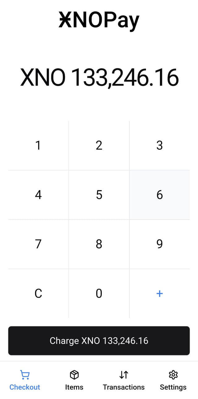 XNOPay Point of Sale interface showing numeric keypad and charge functionality
