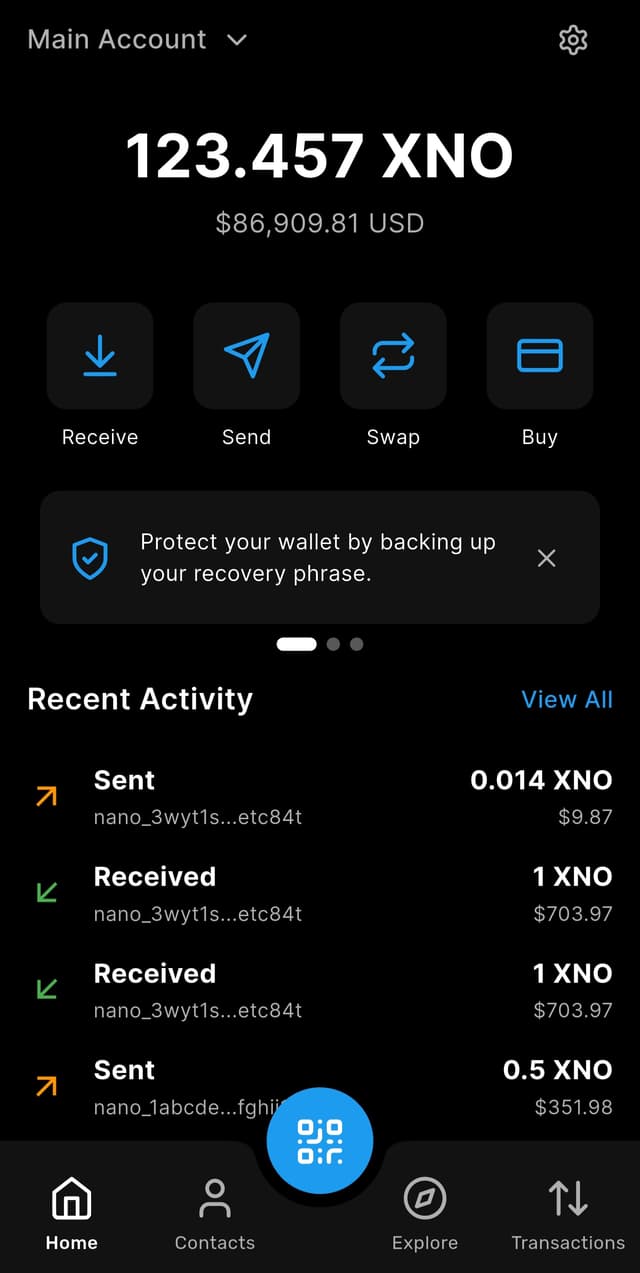 XNOPay mobile wallet interface showing XNO balance, transaction buttons, and recent activity